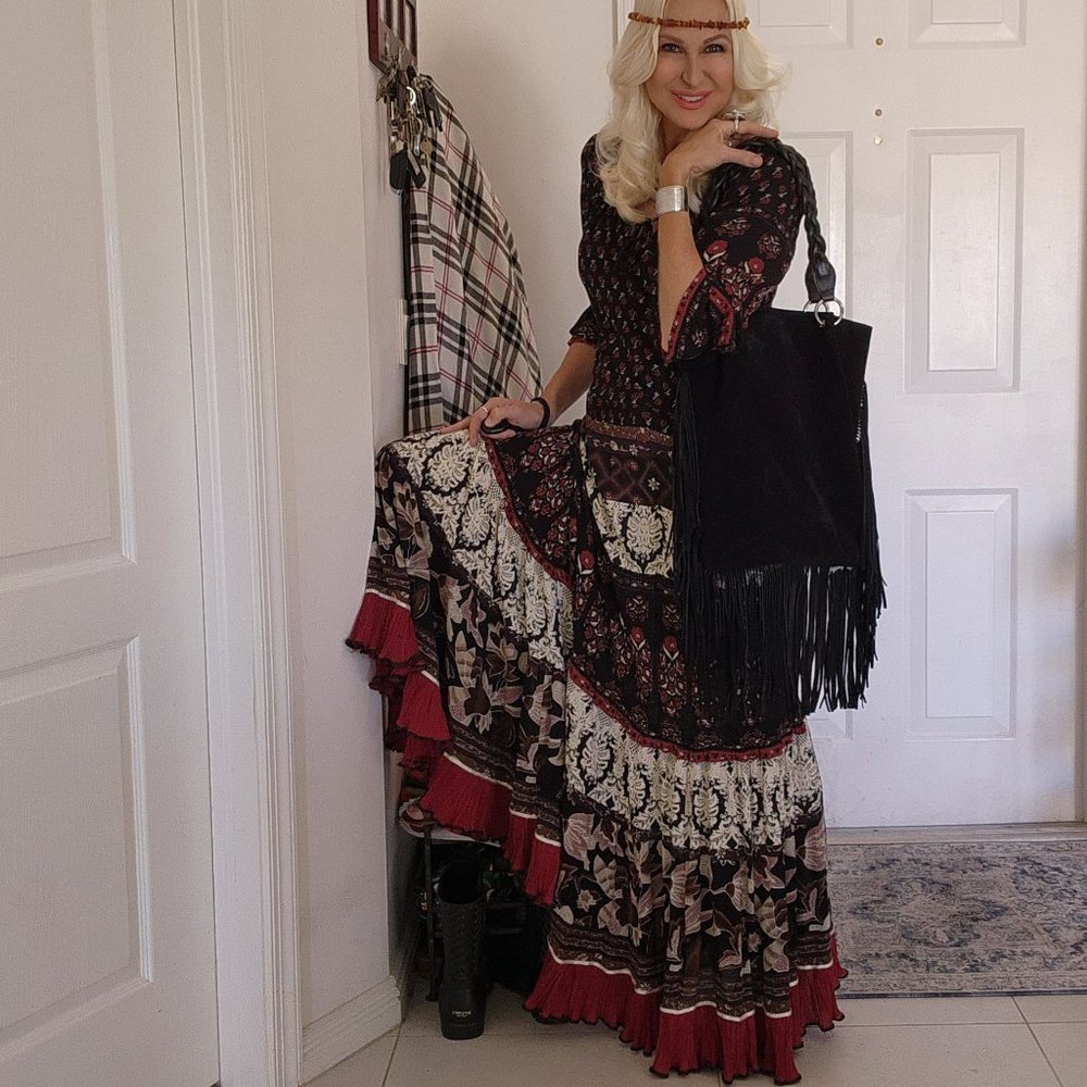 Shabby Chic Bohemian Designer Maxi Dress European Cotton Upcycled Couture